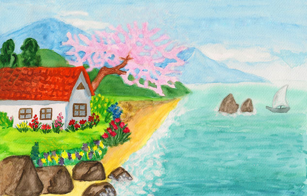 House near sea 2 Watercolour Paper Marine Painting