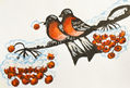 Two bullfinches on branch with rowan berries