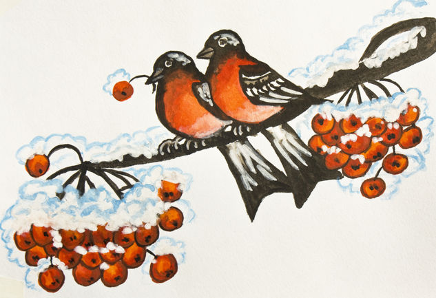 Two bullfinches on branch with rowan berries Gouache Paper Animals