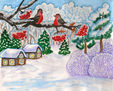 Winter landscape with bulfinches on tree branch and house