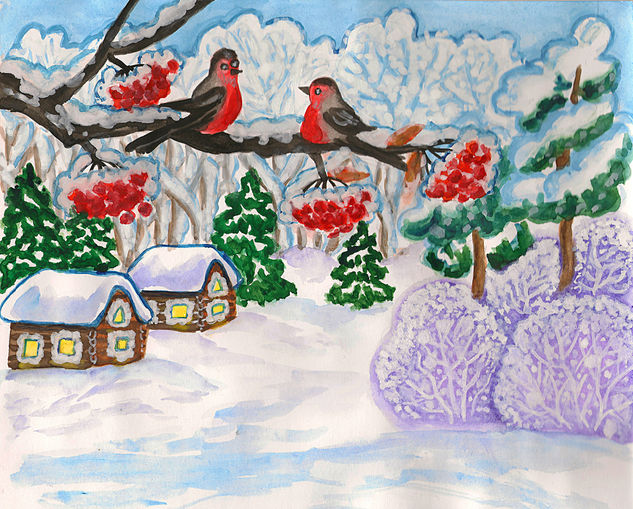 Winter landscape with bulfinches on tree branch and house Acuarela Papel Paisaje