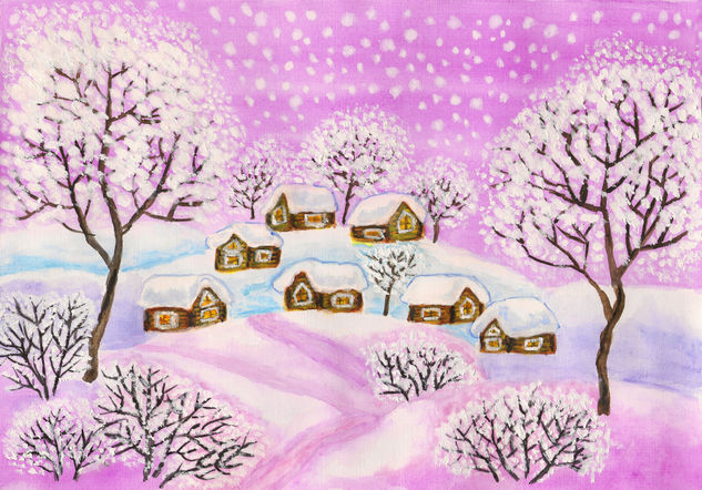 Winter landscape on purple Acuarela Papel Paisaje