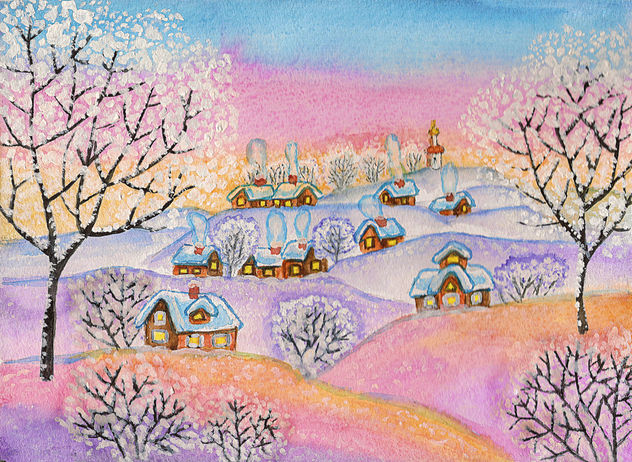 Winter landscape in pink, blue and purple colours