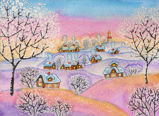 Winter landscape in pink, blue and purple colours Watercolour Paper Landscaping