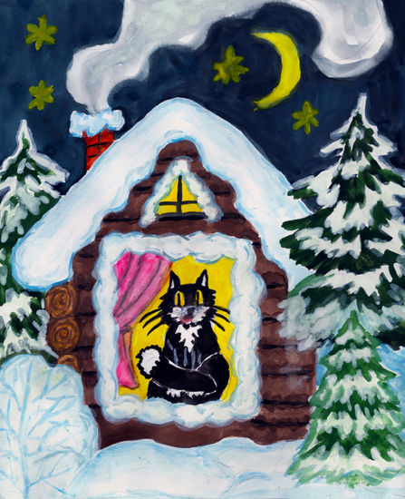 Cat in house, winter Gouache Papel Animales