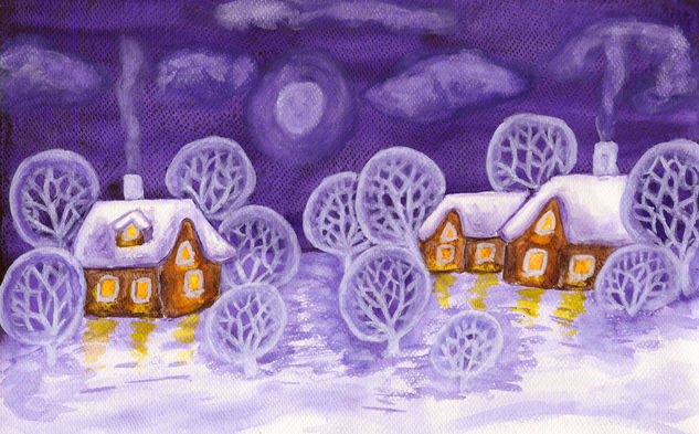 Winter landscape with houses on violet Acuarela Papel Paisaje