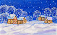 Winter landscape with houses on dark blue