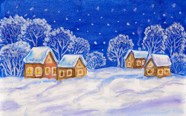 Winter landscape with houses on dark blue