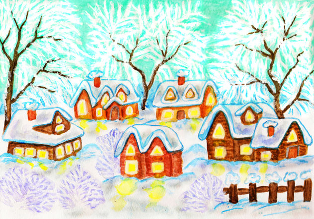 Winter landscape with houses on green