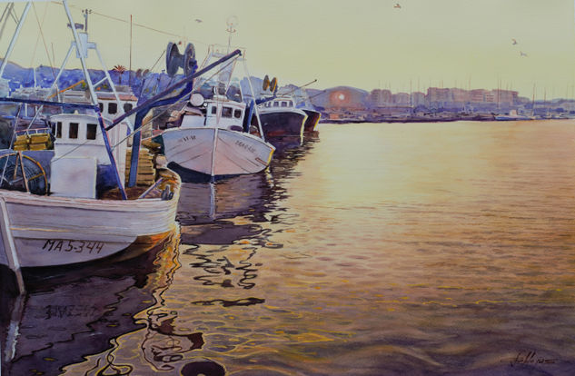 "Amanecer en el puerto de Caleta" Watercolour Paper Marine Painting