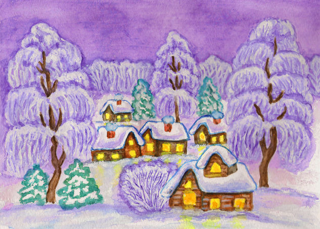 Winter landscape on purple 2 Acuarela Papel Paisaje