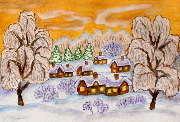 Winter landscape on yellow Acuarela Papel Paisaje