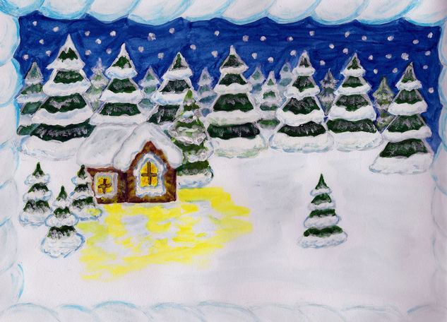 House in winter forest 3 Gouache Paper Landscaping