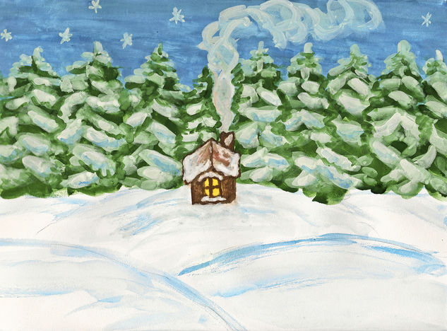 Little house in winter forest 1 Gouache Paper Landscaping