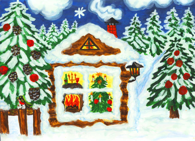 House in winter Christmas Gouache Paper Landscaping