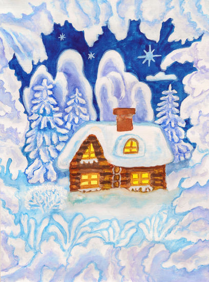 House in snow frame Acuarela Papel Paisaje