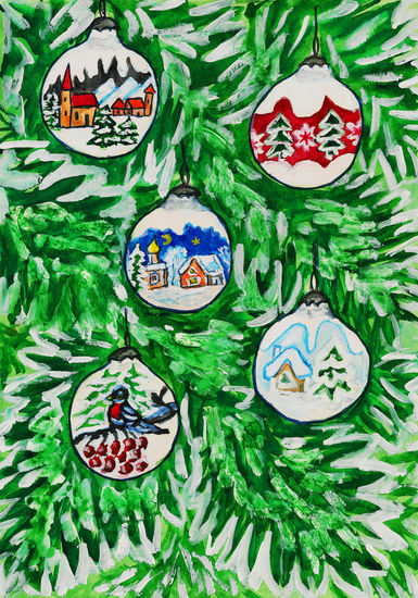 Branches of Christmas tree with many balls Gouache Paper Still Life Paintings