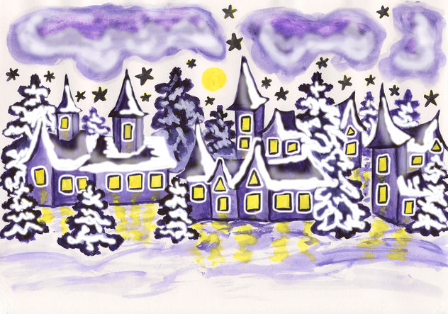 Winter landscape with violet houses