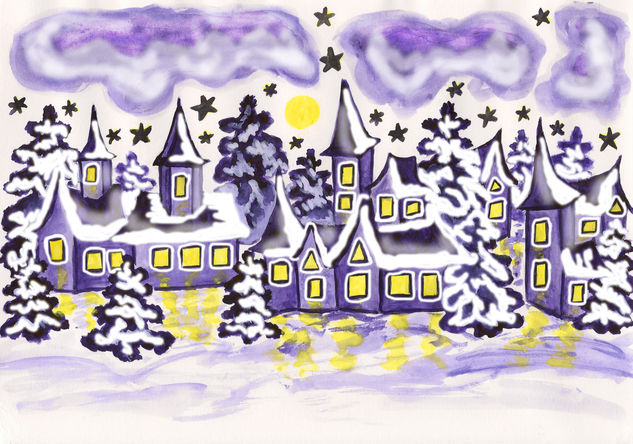 Winter landscape with violet houses Acuarela Papel Paisaje