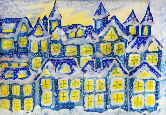 Dreamstown dark blue Acuarela Papel Paisaje