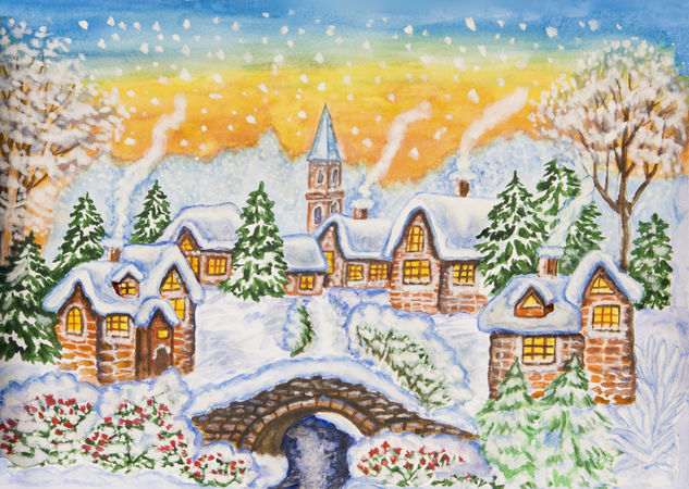 Winter landscape with bridge Acuarela Papel Paisaje