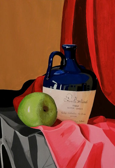 Bodegón manzana verde Gouache Card Still Life Paintings