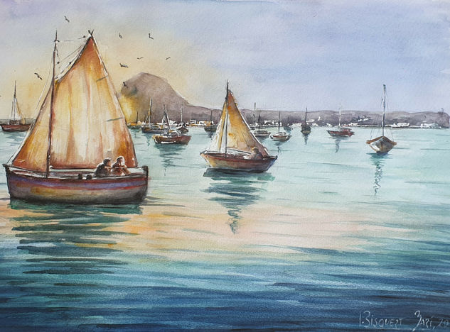 Barcas en Cala Sardinera Watercolour Paper Marine Painting