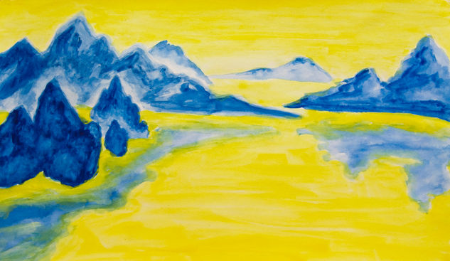 Blue hills on yellow Acuarela Papel Paisaje