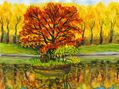 Autumn landscape with red tree