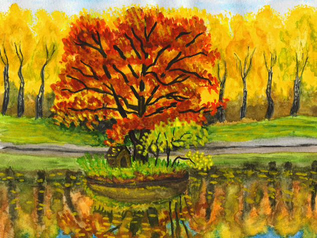 Autumn landscape with red tree Watercolour Paper Landscaping