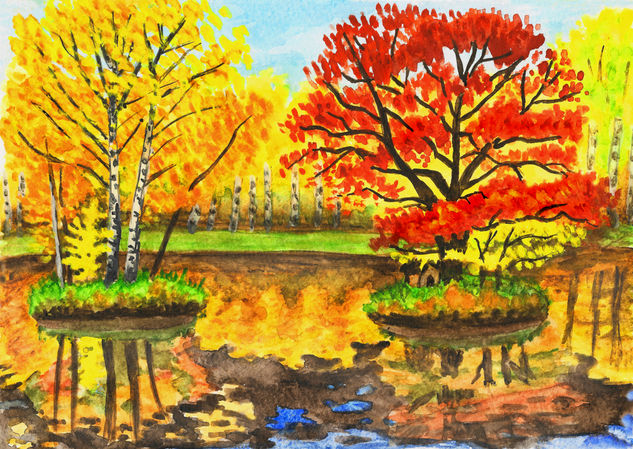 Autumn landscape with two islands Watercolour Paper Landscaping