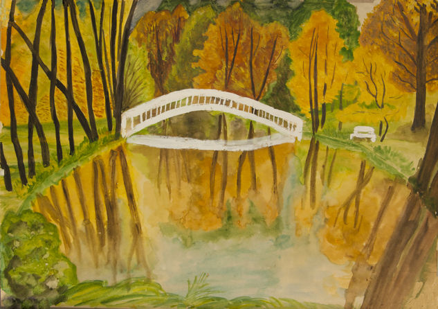 Autumn landscape with white bridge Acuarela Papel Paisaje