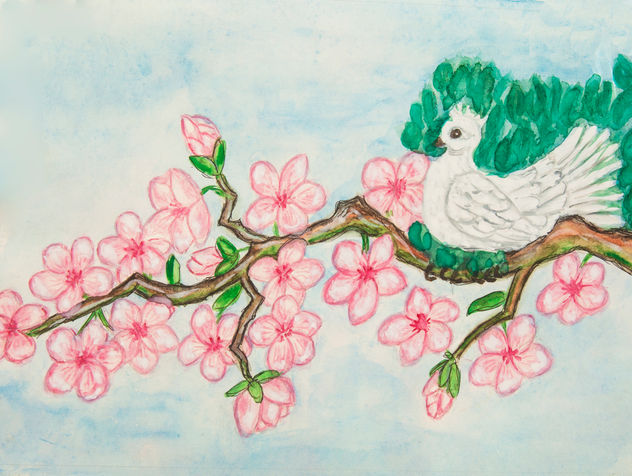 White bird on branch with pink flowers on blue