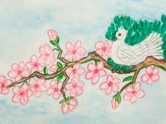 White bird on branch with pink flowers on blue Watercolour Paper Animals