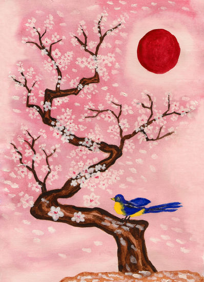 Bird on branch with white flowers on pink Watercolour Paper Animals