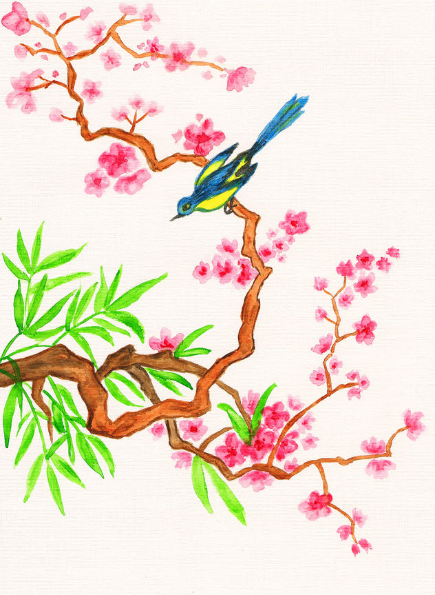 Bird on branch with pink flowers vertical