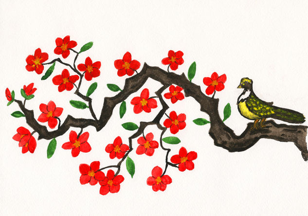 Bird on branch with red flowers horizontal Acuarela Papel Animales