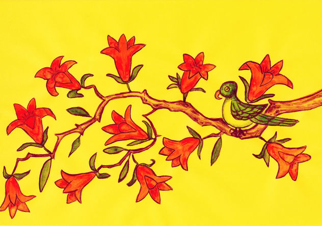 Bird on branch with orange flowers