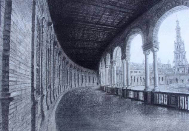 PLAZA DE ESPAÑA EN SEVILLA. Charcoal