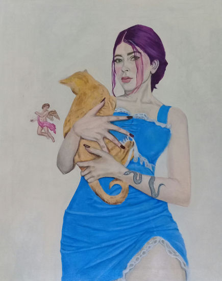 Jazmín con gato y querubin Oil Canvas Figure Painting