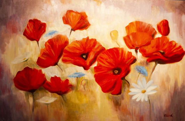 CUADRO AL ÓLEO DE AMAPOLAS Y MARGARITAS.