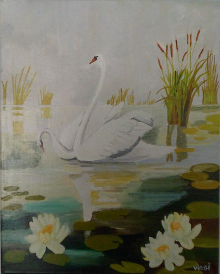 Los cisnes Óleo Lienzo Paisaje