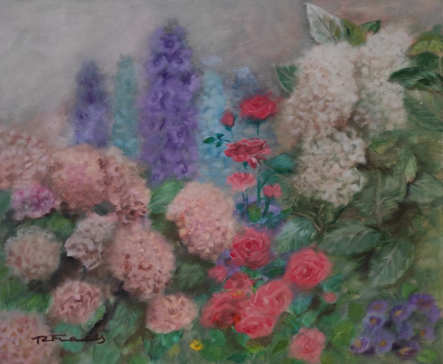 El temps de les hortènsies Oil Textile Floral Painting