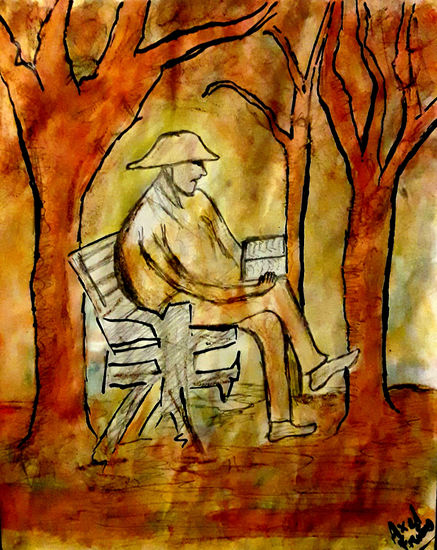 Anciano leyendo un libro Watercolour Paper Landscaping