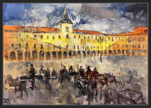 LEON-AYUNTAMIENTO VIEJO-PLAZA-SOL DE TARDE-PAISAJES-EDIFICIOS-GENTE-CIUDAD-ESPAÑA-TERRAZAS-CAFETERIAS-PINTOR-ERNEST DESCALS