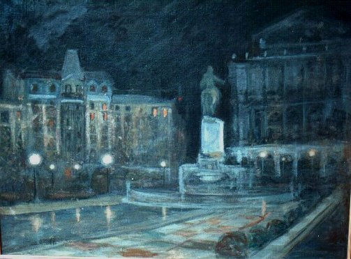 "Plaza de oriente, de noche en  Madrid" Óleo Lienzo Paisaje