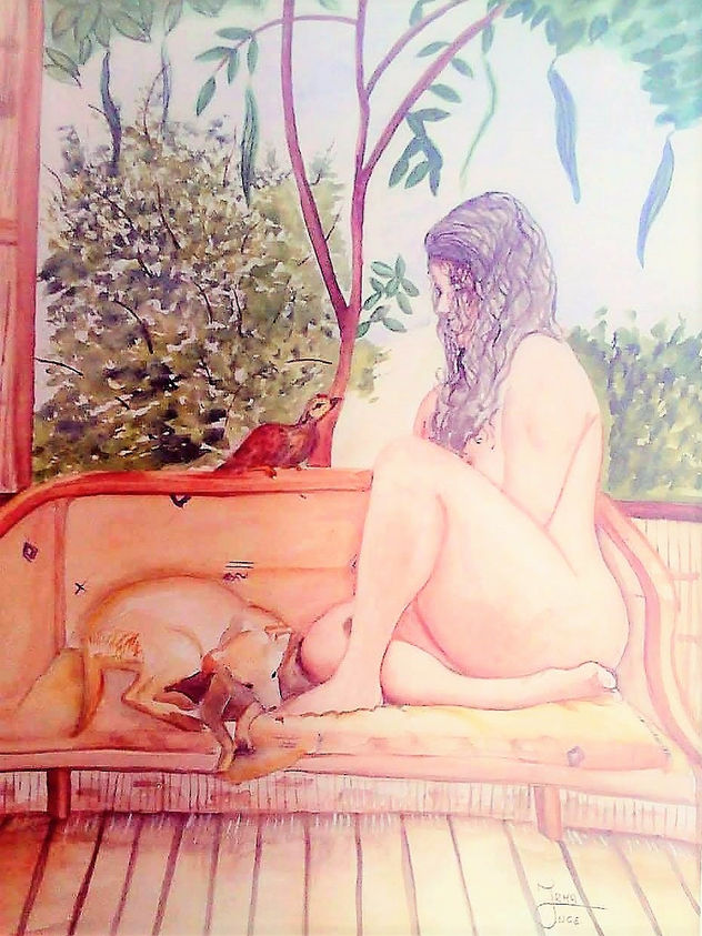 Desnudo al despertar (Mujer con perro y pollito)