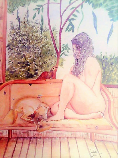 Desnudo al despertar (Mujer con perro y pollito) Watercolour Card Nude Paintings