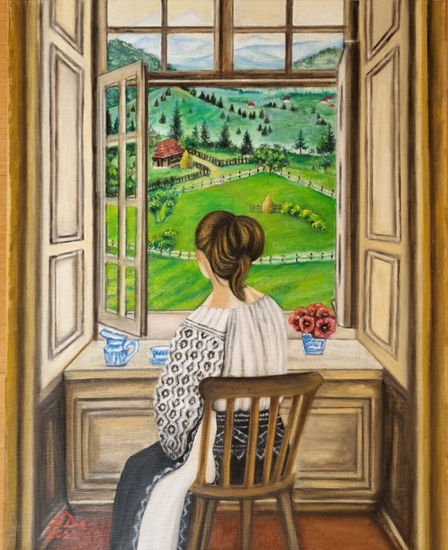 Mujer mirando por la ventana Oil Canvas Figure Painting