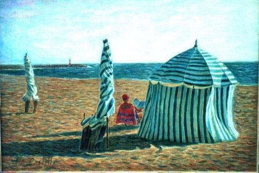 "Parasoles playa de Figueira da foz, portugal" Oil Canvas Marine Painting